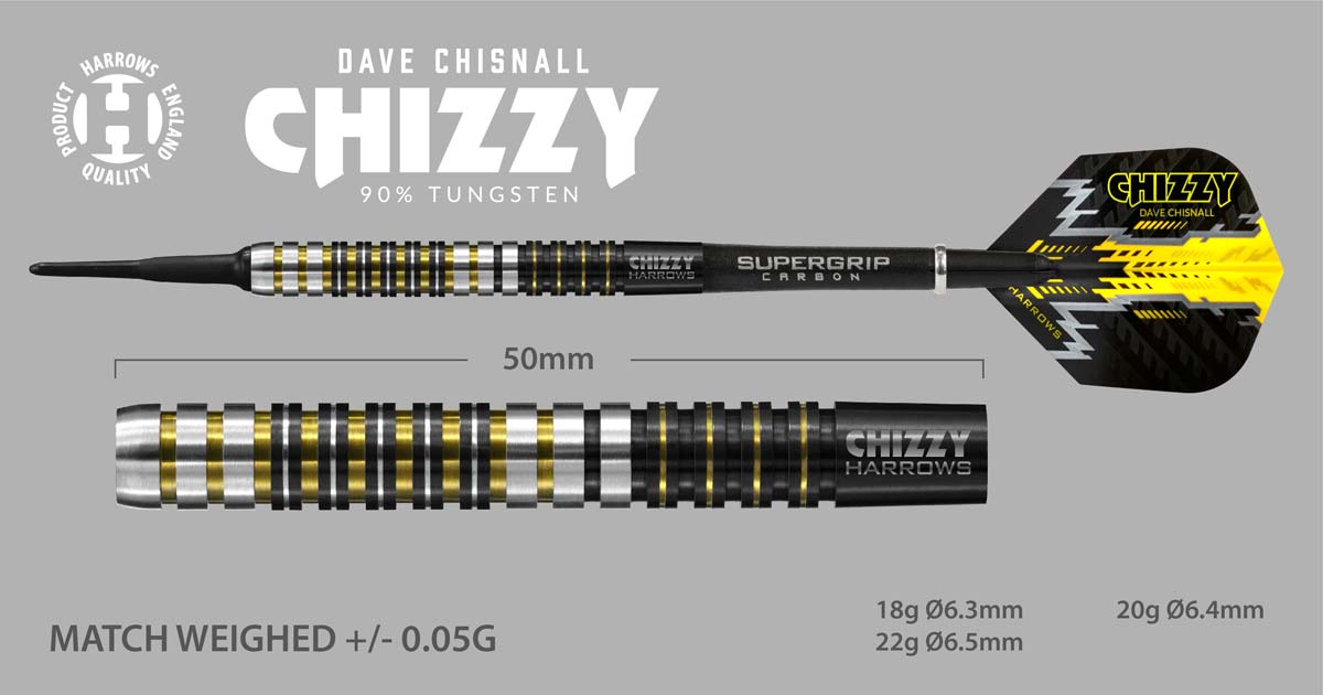 SOFT TIP Harrows Dave Chisnall Darts Set 18g 20g 22g gram Tungsten Chizzy Softip 